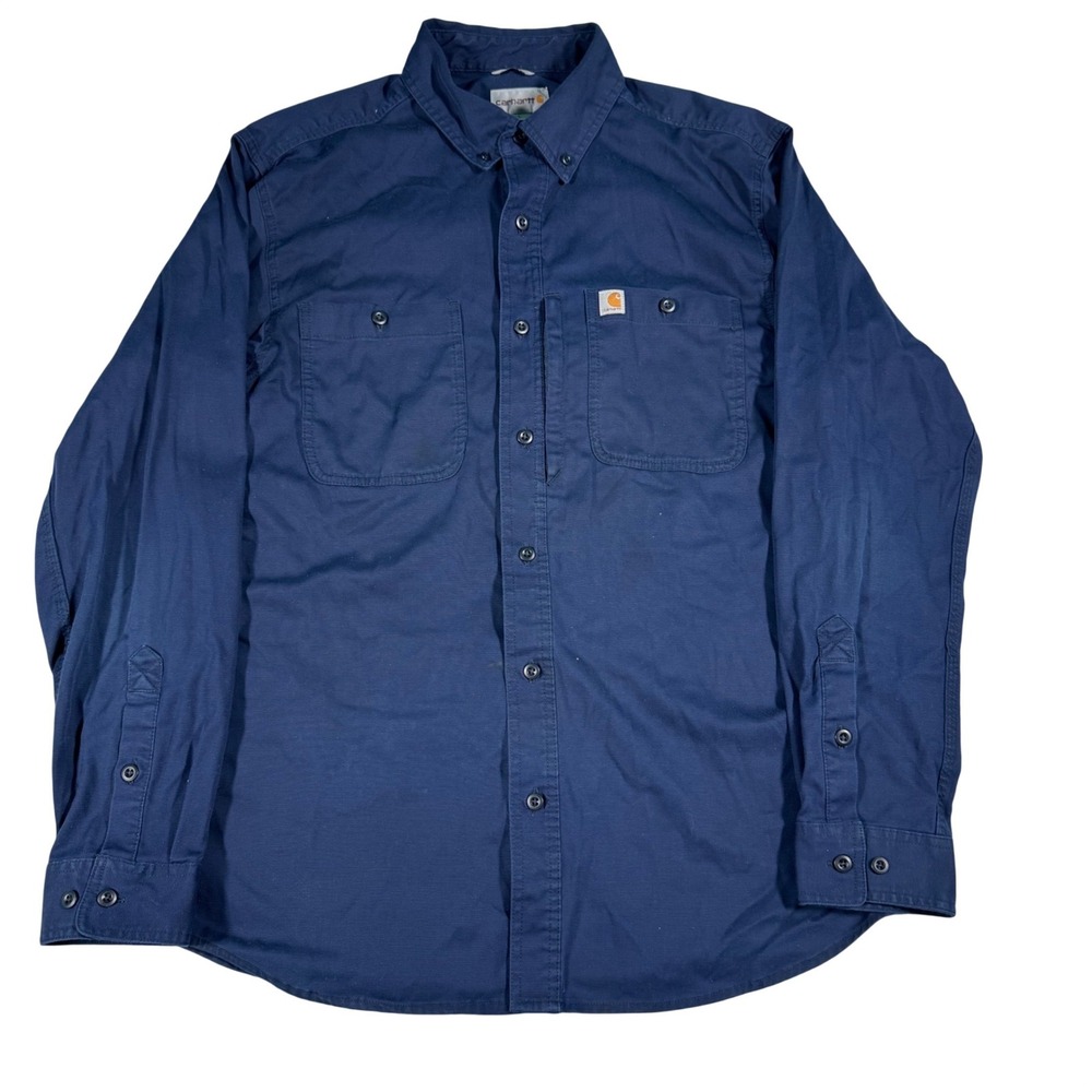 Carhartt Button Down Shirt Mens Large Navy Blue Workwear Relaxed Fit Canvas